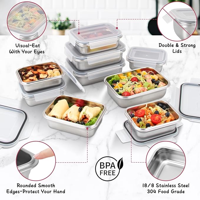 10 PC Square 304 Stainless Steel Food Containers with Lids, Airtight Bento Lunch Box, Metal Meal Prep Food Containers Reusable Stackable | Nestable Oven/Dishwsher/Freezer Safe