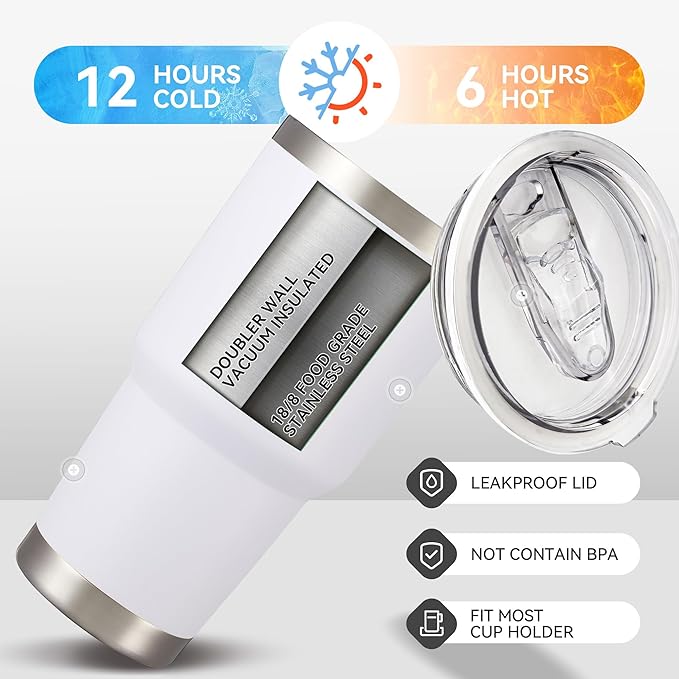 30 oz Tumbler with Lid Stainless Steel Tumblers Bulk Vacuum Insulated Cup Reusable Powder Coated Travel Mug Double Wall Leak Proof Cups Keep Cold Drinks for 12 Hours White, Set of 12