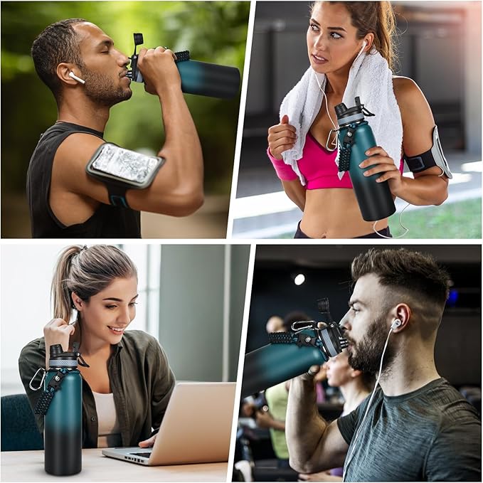 40 oz Insulated Water Bottle with Straw& Spout 2-in-1 Lid, Triple Wall Vacuum Stainless Steel Cold 48H, Leak Proof Sports Metal Flask Jug with Paracord Handle, Indigo Black