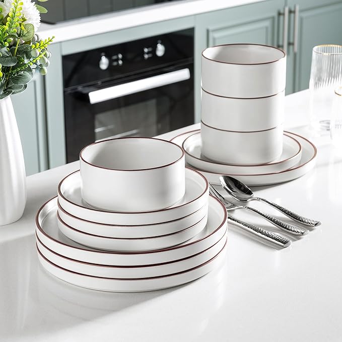 LERATIO Ceramic Dinnerware Sets for 8, High Edge Stoneware Plates and Bowls Set, Chip and Crack Resistant | Oven & Dishwasher & Microwave Safe Dishes Set, Service for 8 -Vanilla White