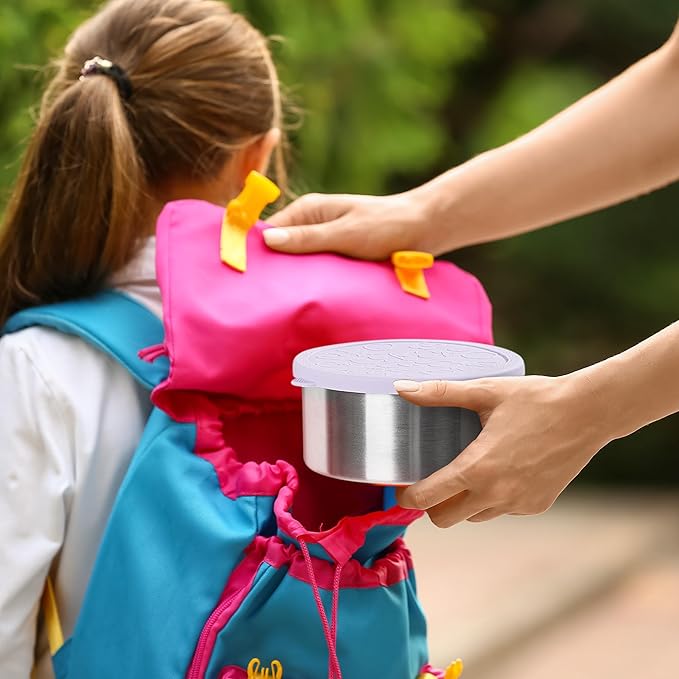 Stainless Steel Food Container, Set of 6, Nesting Bowls with Colorful Lids, stackable leakproof Metal Lunch Box Set for Kids, Daycare, School, Travel. Sauce Salad dressing Container to go (Serenity)