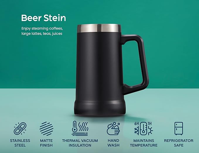 KooK Beer Stein, Stainless Steel Coffee Mug, Tumbler with Thermal Vacuum Insulation, Big Grip, Adventure, Double Walled Drinking Cup, Large Handle, Shatterproof, Black, 24 oz