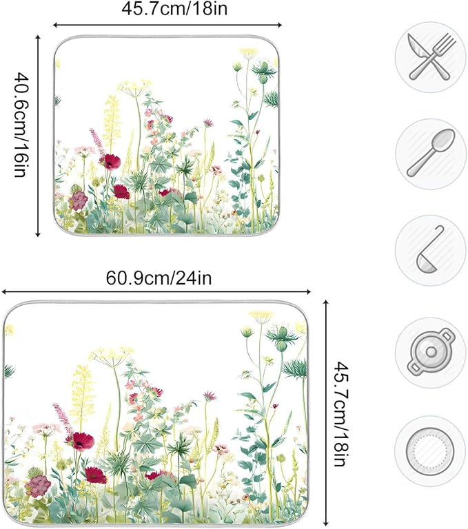 Spring Summer Herbs Flowers Plants Dish Drying Mat for Kitchen Counter Absorbent Dish Drainer Mats Drying Pads 18"x24"