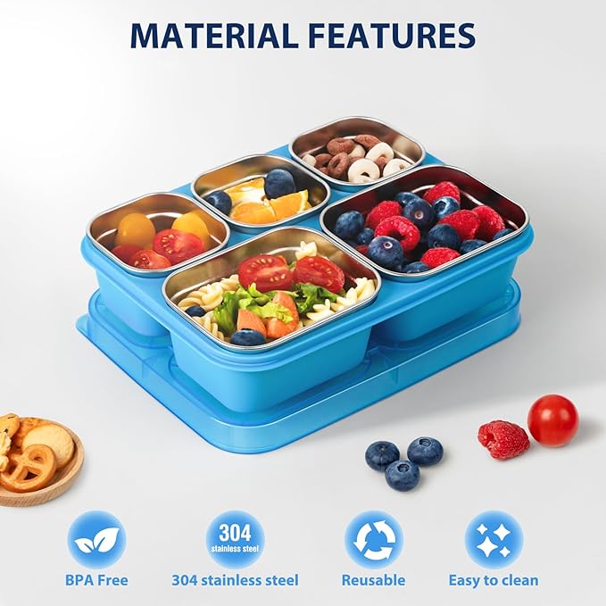 Stainless Steel Snackle Box Container, 5 Compartment Lunch Bento Box, Reusable Food Storage Snack Box for School, Work, and Travel, BPA Free and Dishwasher Safe, Pink (1 Pack)