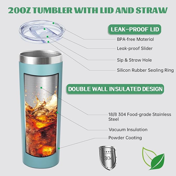 20 oz Skinny Tumbler with Lid and Straw,Stainless Steel Vacuum Insulated Tumbler Cup Double Wall Leak-proof Coffee Mug,Travel Thermal Water Tumbler for Home,Office,Outdoor (Glacier blue,8)