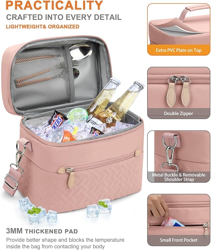 Capolo Lunch Box for Women Men Adults,Insulated Lunch Bag Leakproof Lunch Cooler Box with Removable Strap Cute Lunch Tote Bags Reusable Thermal Lunchbox for School Work Picnic(Small,Pink)