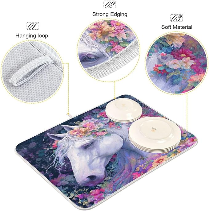 White Horse with Colorful Flowers Dish Drying Mat for Kitchen Counter Super Absorbent Dishes Pad Reversible Microfiber Protector Dish Draining Mats 18x24 inch
