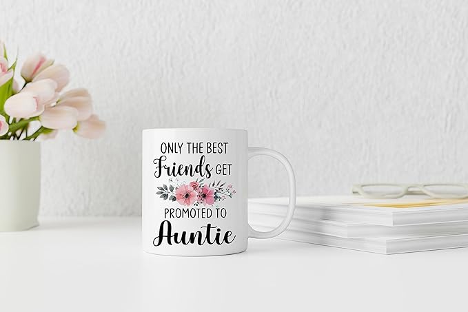 QASHWEY Only The Best Friends Get Promoted to Auntie Coffee Mugs Mug,Funny Pregnancy Announcement Gifts for Best Friend New Auntie,Aunt to Be Gifts Double Side Printed Ceramic Mug Cup 11 Ounce