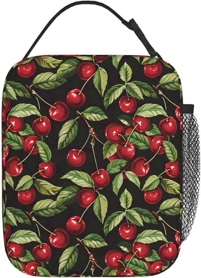 Reusable Cherry Lunch Box for Kids Girls Boys Women Adult, Insulated Cute Leaf Lunch Bag,Polyester Cooler Art Handbags Case for School Picnic Work Travel Beach or Hiking (Black)