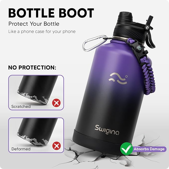 [2-IN-1 LID] 64 oz Insulated Water Bottle with Silicone Boot (48hrs Cold/24hrs Hot) - DIY Stickers, Leakproof, BPA Free, Half Gallon