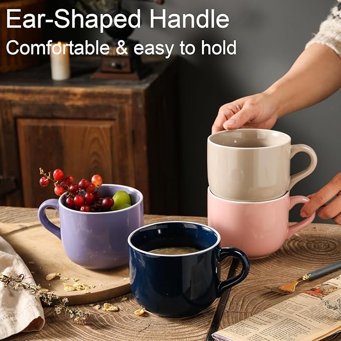 21 OZ Large Soup Mugs with Handles Microwave Safe, Oven Proof Soup Bowls, Porcelain Soup Cup for Dishwasher, Home, Office, Breakfast, Tea Parties, Dinner, Pink