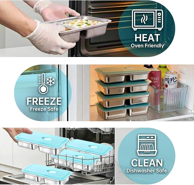 4 Pack Stainless Steel Snack Containers, 2-Compartment Lunch Boxes Reusable Food Storage Containers with Lids for Kids & Adults, School, Office, Travel, Camping