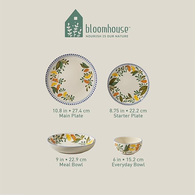 Bloomhouse Posy Blossom Double Bowl Hand Painted Stoneware Plates and Bowls Floral Dinnerware Set, Service for Four (16pcs)
