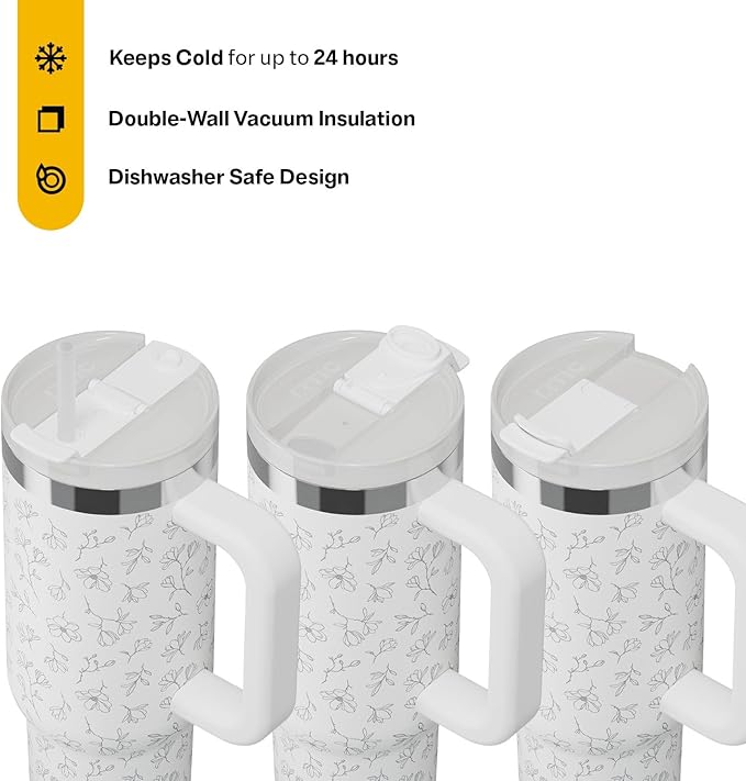 RTIC 30 oz Road Trip Tumbler Double-Walled Ceramic Lined InsulatedStainless Steel Portable Travel Coffee Mug Cup with Lid, Handle and Straw, White Magnolias