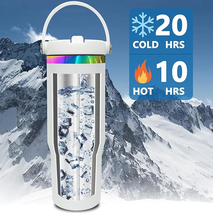 30 oz Tumbler Bulk with Handle and Straw, Vacuum Insulated Tumblers with Flip Straw and Top Handle, Leakproof Powder Coated Tumbler, Stainless Steel Travel Mug for Coffee Water (White, 8 Pack)