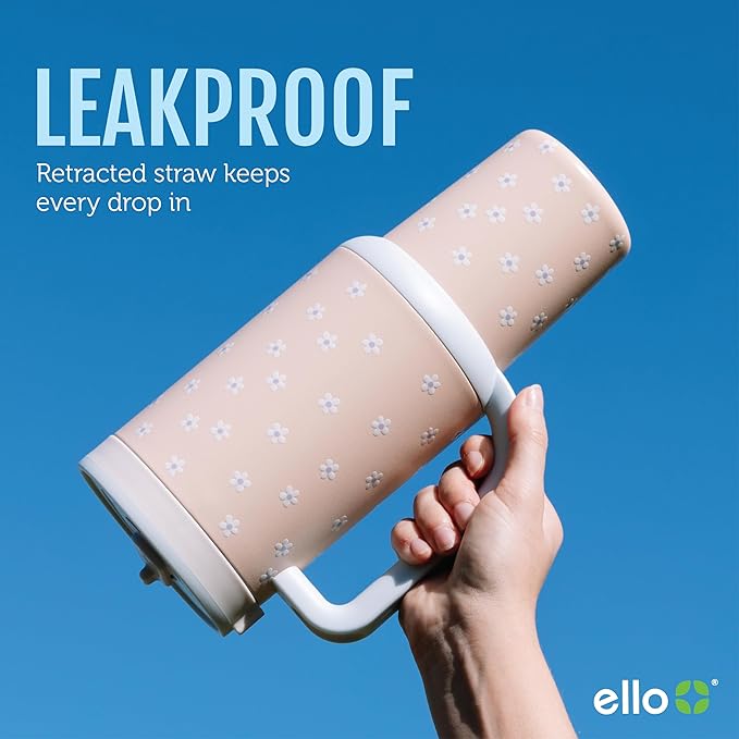 Ello Oasis 24oz Tumbler with Handle & Retracting Straw | Reusable Insulated Stainless Steel Cup 100% Leakproof, Gifts for Teens Women Men | Keeps cold for 24 Hours, Cup Holder Friendly, Twilight Blush