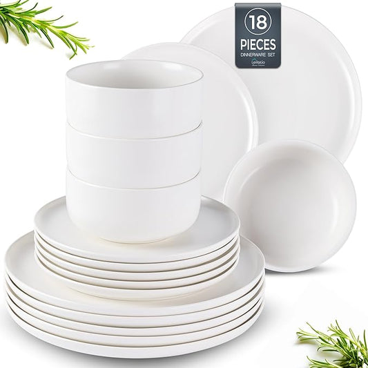 LERATIO Stoneware Dinnerware Sets for 6,Handcarft Ceramic Plates and Bowls Sets,Chip and Scratch Resistant Dishes, Dishwasher & Microwave Safe, Oven safe,Reactive Glaze-White