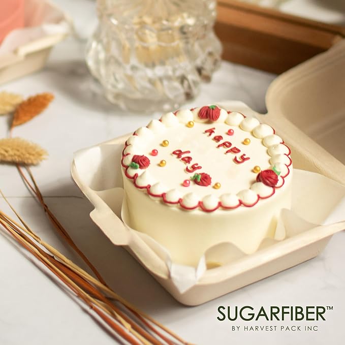 [50 COUNT]Harvest Pack PFAS FREE 6 X 6" Compostable Clamshell Take Out Food Containers, Single Compartment To go Container, Square Heavy-Duty Bagasse Bento Cake Box, from Eco-Friendly Sugarcane Fibers