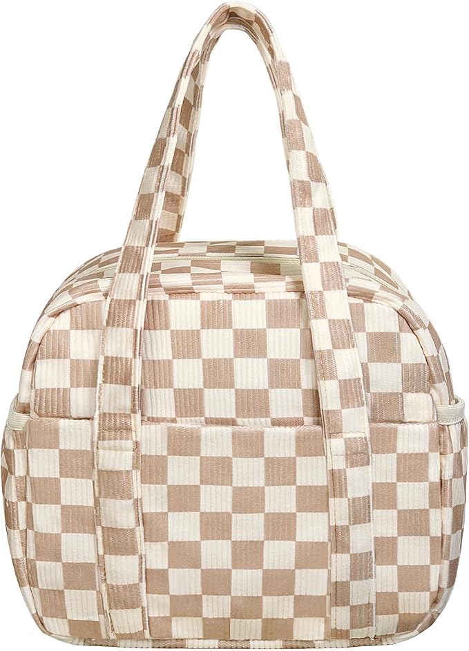 Yarnic Lunch Bag Women Men Insulated, Large Corduroy Lunch Box for Work with Bottle Pockets, Stylish Reusable Cooler Tote for Adults Teachers Picnic Hiking (Checkered Brown)