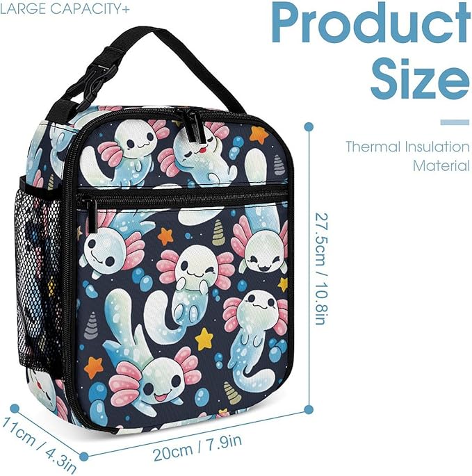 Axolotl Lunch Box 10 Inch Reusable Insulated Axolotl Lunch Bag