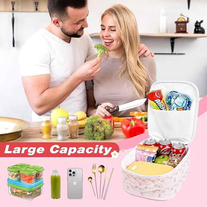 Aileam Lunch Box Lunch Bag for Women Cute Girls Insulated Womens Lunch Bag For Work Quilted Large Capacity Reusable Insulated Cooler for Work Picnic Travel Pink Bow Flower