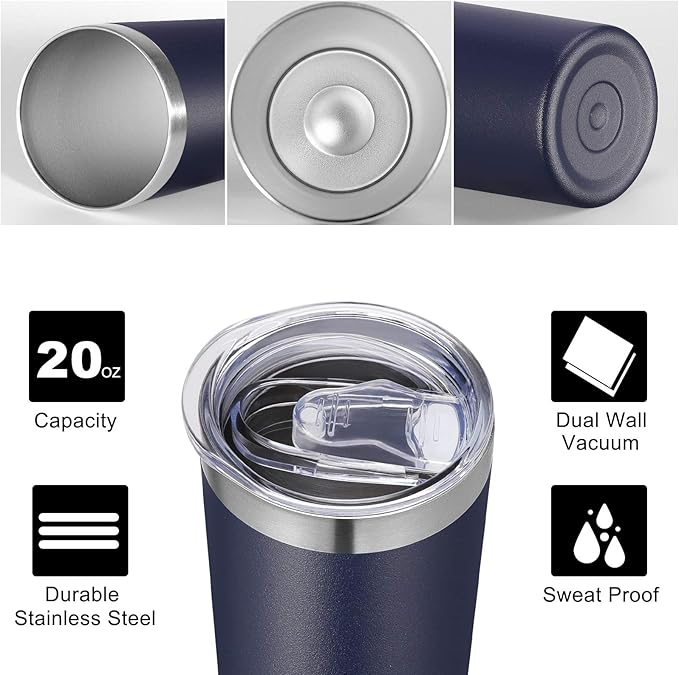 VEGOND Stainless Steel Tumblers Bulk 8 Pack, 20 oz Vacuum Insulated Skinny Tumblers with Lid and Straw, Double Wall Coffee Mug, Travel Water Cup, Navy Blue