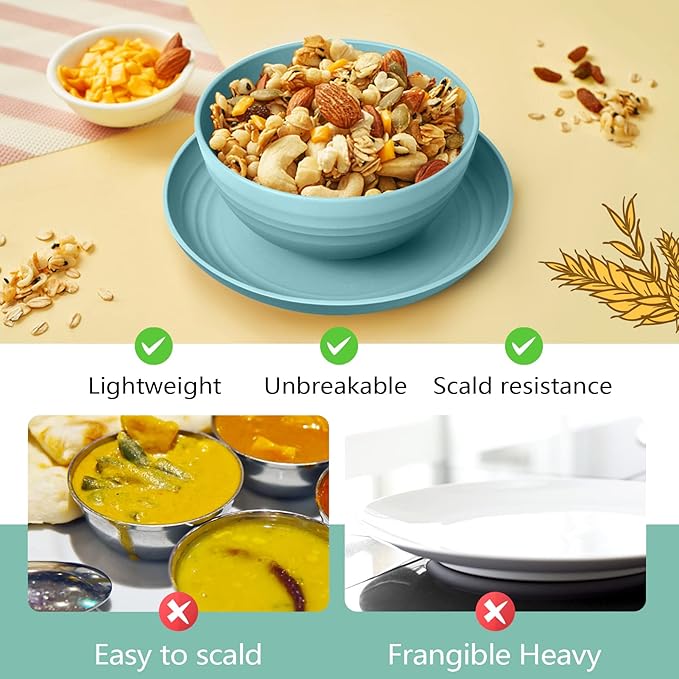 Teivio 32-Piece with Flatware Kitchen Plastic Wheat Straw Dinnerware Set, Service for 8, Dinner Plates, Dessert Plate, Cereal Bowls, Cups, Unbreakable Plastic Outdoor Camping Dishes, Ocean