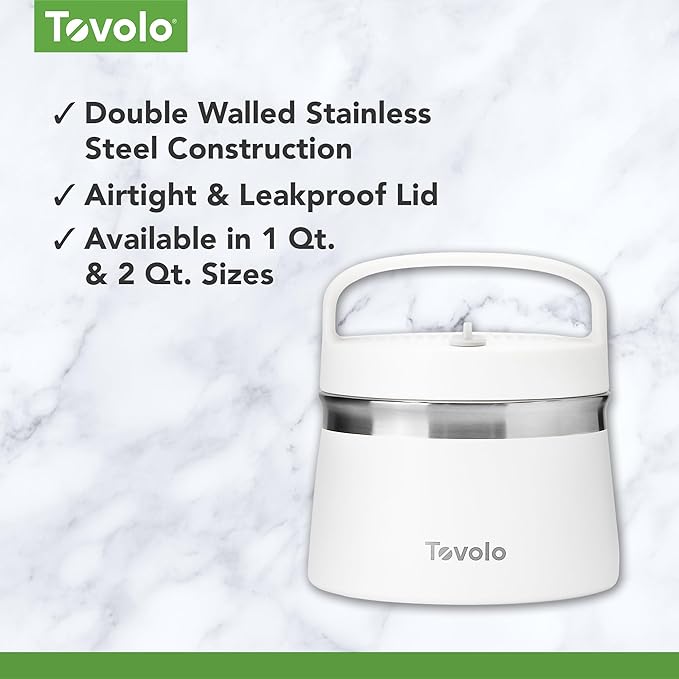 Tovolo 1 Quart Food Traveler White - Stainless Steel Food Storage Container, Double Wall Insulated Thermos for Hot and Cold Food, Spill-Proof Travel Container, BPA-Free, Dishwasher Safe
