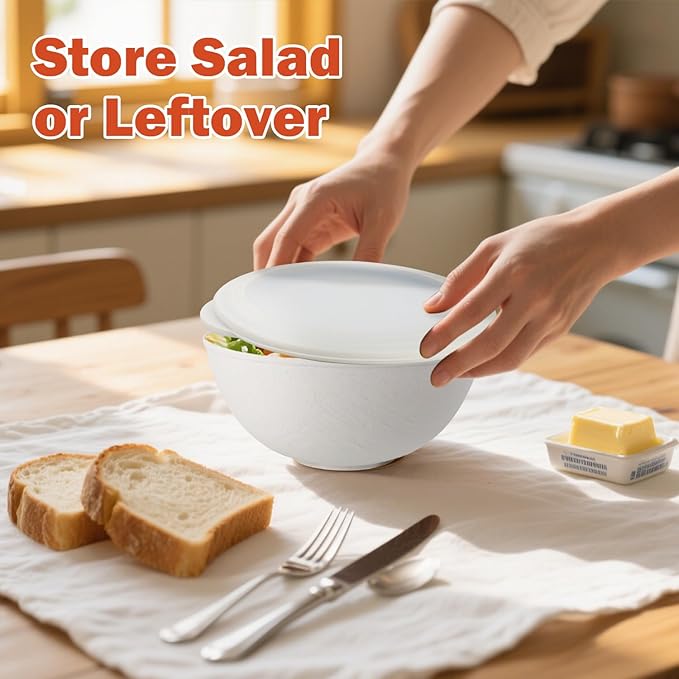 Wrova alternative plastic bowl set with lids,unbreakable wheat straw bowls 40oz suitable for indoors and outdoors,overnight foods container with cover. White