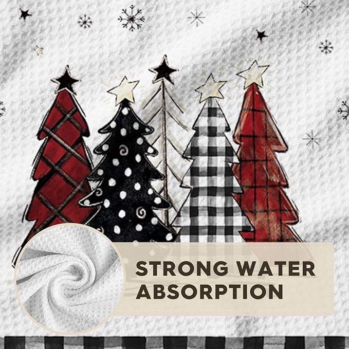 Artoid Mode Black Buffalo Plaid Xmas Tree Christmas Bar Kitchen Towels, 12x24 Inch Quick Dry Microfiber Cloth Dish Towels for Kitchen Drying Set of 2