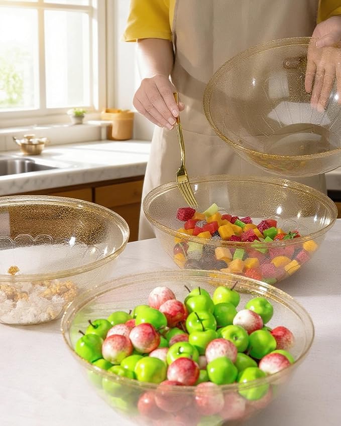 BESTVIP 150oz Glitter Gold Plastic Serving Bowls for Party, 4 Pack 11.6inch Large Disposable Chips Bowl for Salad, Snacks, Candy Dishes for Parties, Christmas, Weddings & Holidays, Events, Reusable