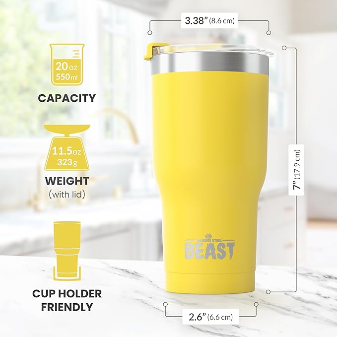 Beast 20 oz Tumbler Stainless Steel Vacuum Insulated Coffee Ice Cup Double Wall Travel Flask (Lemon)