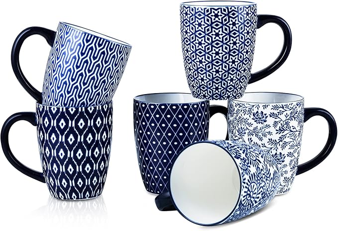 Selamica 16 oz Porcelain Coffee Mugs Set, Ceramic Tea Cup with Handle, dishwasher, oven, microwave safe, Pack of 6, Vintage Blue
