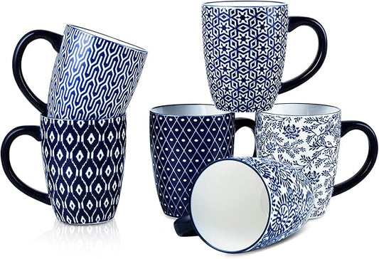 Selamica 16 oz Porcelain Coffee Mugs Set, Ceramic Tea Cup with Handle, dishwasher, oven, microwave safe, Pack of 6, Vintage Blue