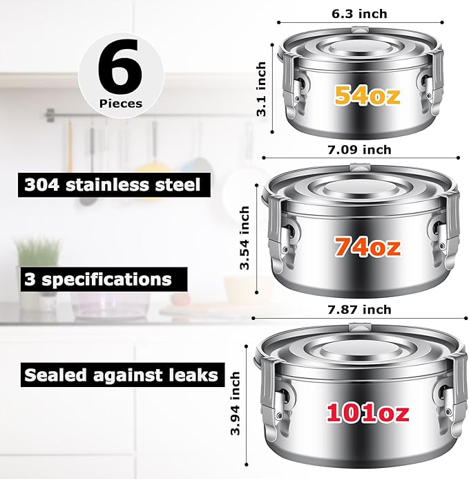 Zopeal 6 Pcs Stainless Steel Food Storage Containers with Lid Bento Lunch Boxes Reusable Metal Flat Canisters for Camping Trips Picnic Snacks Soups Salads Leftovers, 3 Sizes (54oz, 74oz, 101oz)