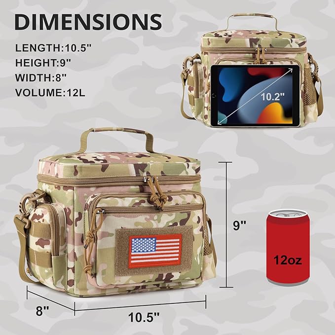 ATRIPACK Lunch Box for Men, Tactical Lunch Bag MOLLE Webbing Leakproof Insulated Large Lunch Cooler Women Adult Meal with Adjustable Shoulder Strap Durable Lunch Pail (Camo-Brown)