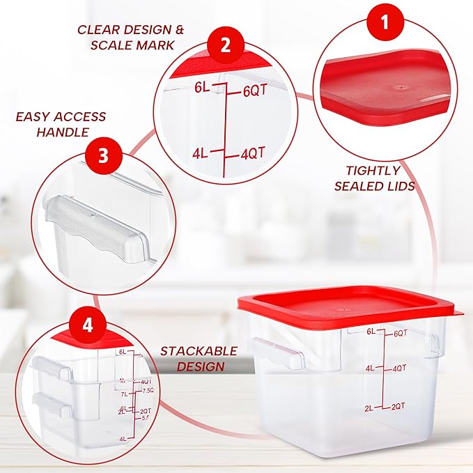4 Pack Food Storage Containers, 6 Quart with Lids, Square Commercial Containers with Scale, Clear NSF Food Organizing, Polycarbonate