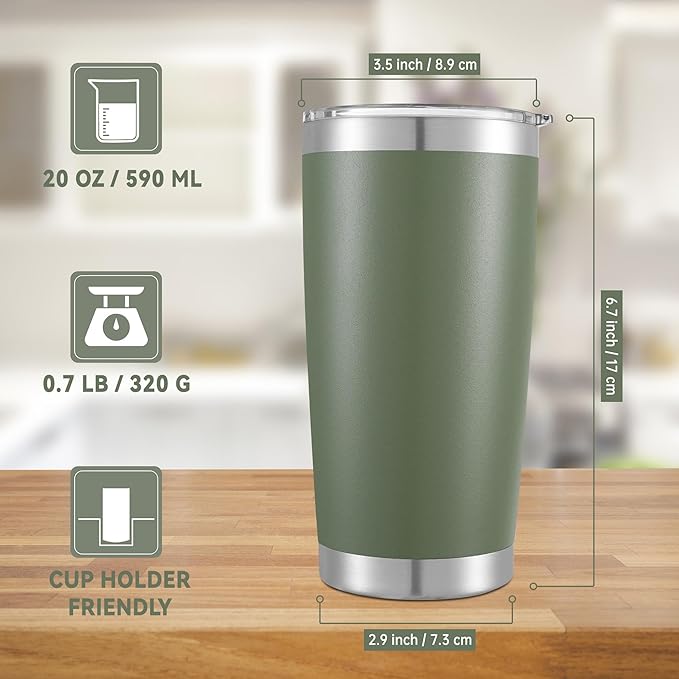 20 oz Tumbler Stainless Steel Tumblers with Lid Double Wall Vacuum Insulated Coffee Mug 20oz Powder Coated Cup for Hot and Cold Drinks, Army Green, 1 pack