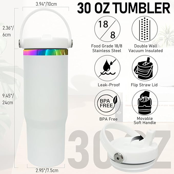 30 oz Tumbler Bulk with Handle and Straw, Vacuum Insulated Tumblers with Flip Straw and Top Handle, Leakproof Powder Coated Tumbler, Stainless Steel Travel Mug for Coffee Water (White, 8 Pack)