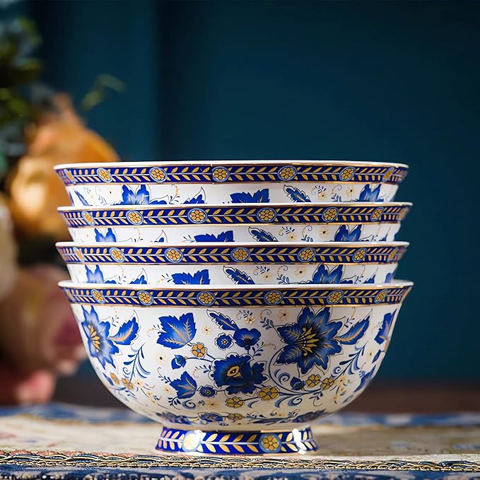 ACMLIFE 12-Piece Bone China Dinnerware Set, Blue and White Vintage Floral Dinnerware Set Service for 4, Lightweight Plates and Bowls Set with Gift Box (Blue-B)