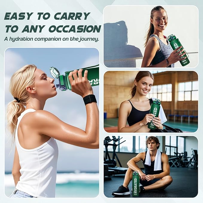 Water Bottle, 32 oz Sports Water Bottles with Time Marker Wide Mouth, Motivational and Leakproof Drink Bottle, BPA Free Tritan with Carry Strap for Gym Fitness Outdoor(Direct Drink 1 Bottle)