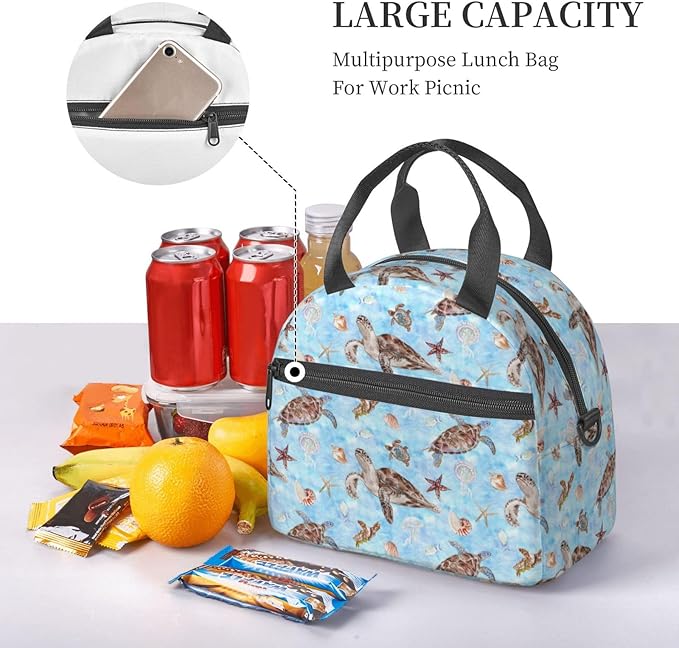 Sea turtles Reusable Insulated Lunch Box Waterproof Lunch Bag with Detachable and Adjustable Shoulder Strap for Office Picnic or Travel