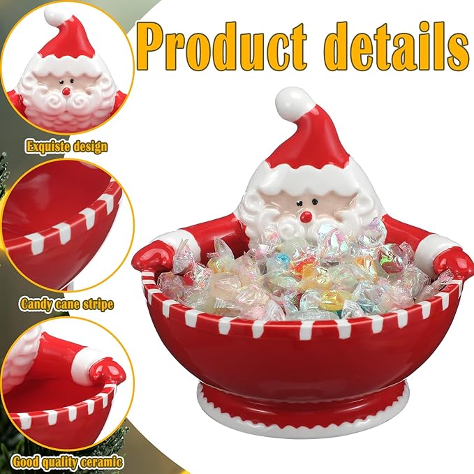 Santa Claus Candy Bowl Christmas Ceramic Snack Dish with Santa Hug Design, 6.5 Inch Holiday Dip Bowl for Candy, Nuts, Treats, Table Ornament or Gift