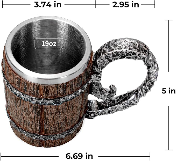 Vintage Wooden Beer Mug, Viking Barrel Design with Stainless Steel Interior Faux Oak Tankard Cup 17oz, Great Gift Idea for Men