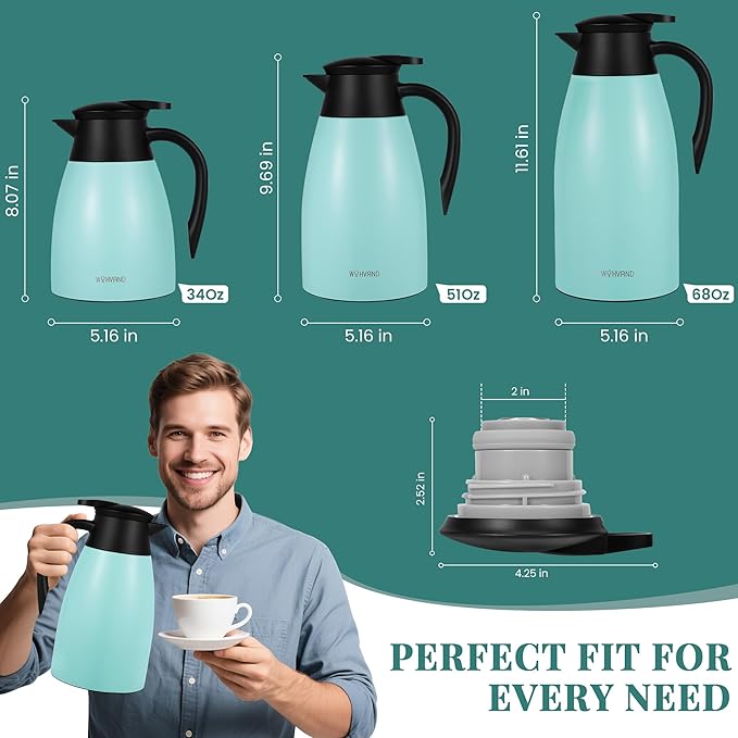 51 Oz Thermal Coffee Carafe, Stainless Steel Insulated Vacuum coffee crafts to keep coffee hot, 1.5 Liter Tea Water Coffee and Beverage Dispenser (Blue)