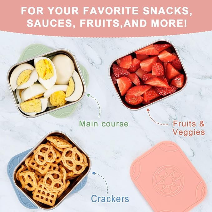 Caperci 3-Pack Stainless Steel Snack Containers with Silicone Lids - 10oz Reusable Small Food Storage Containers for Snacks & Deli Foods, Leak-Proof, Easy Open & BPA-Free (290ML)