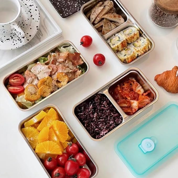 Stainless Steel Reusable Snack Containers with Lids, Grab and Go Double Compartments Snackle Box Containers, Small Sauce Condiment Containers for Travel,School,Camping, Dishwasher Safe, 4 Pack, 15.2oz