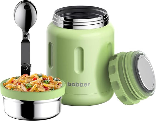 BOBBER 24 oz Insulated Stainless Steel Thermos for Hot Food, Extra-Wide Mouth Soup Container with Spoon and Bowl - Keeps Rice and Pasta Hot for 14 Hours and Salads Cold for 20 Hours (Green)