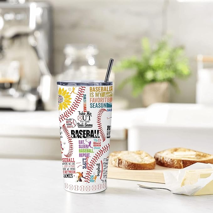 Baseball Tumbler Cup With Lid - Lover Birthday Gifts, Stainless Steel Vacuum Coffee Mug for Women Men, 20 Oz
