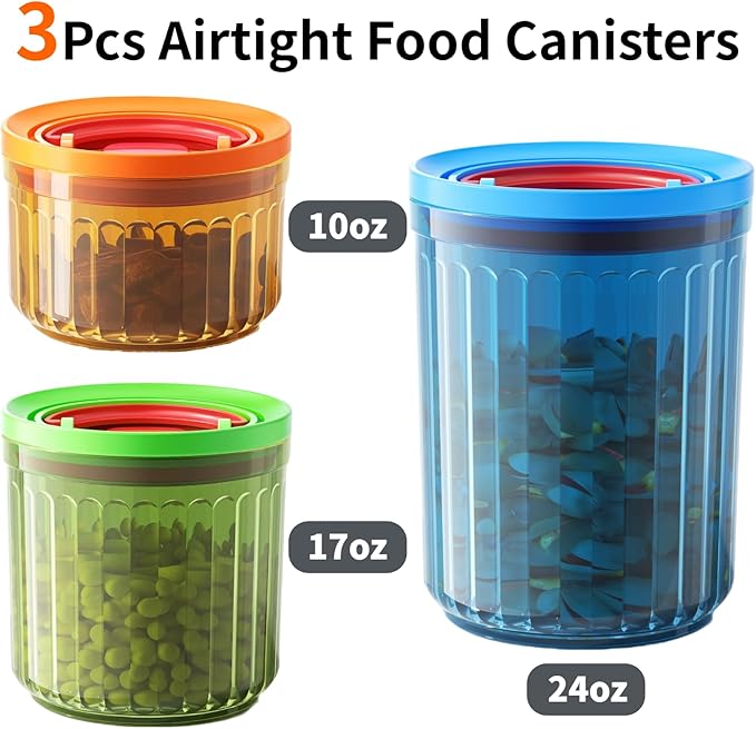 Plastic Small Airtight Container Set Food Storage Containers with Lids BPA Free Coffee Canisters for Beans Sugar Spice Snack Stackable Dishwasher Safe patented Pull Snap Lock Sealed Design 10/17/24oz